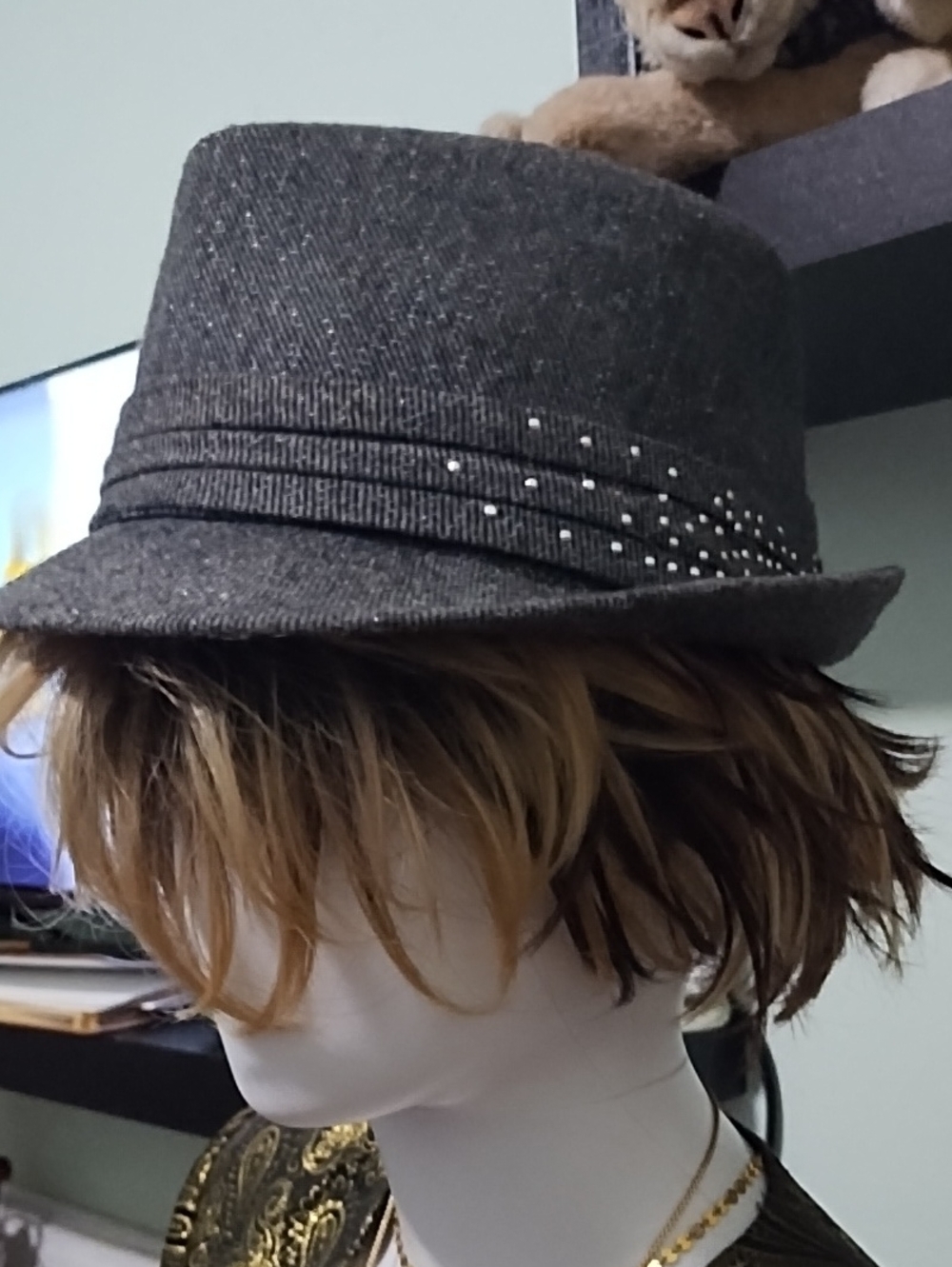 BONGO Charcoal Gray Wool-Blend Fedora with Rhinestone And Pearl Band